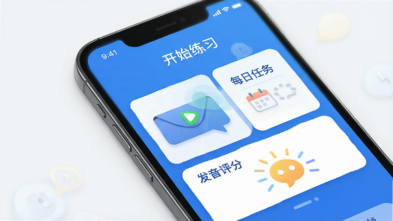 一张展示“魔法口语”APP整体界面的高清预览图,主体为手机屏幕,显示着简洁的蓝色调主界面,包含“开始练习”、“每日任务”和“发音评分”三个核心模块,布局清晰,排版现代,风格清新简约,细节丰富,画质高清,干净无多余元素