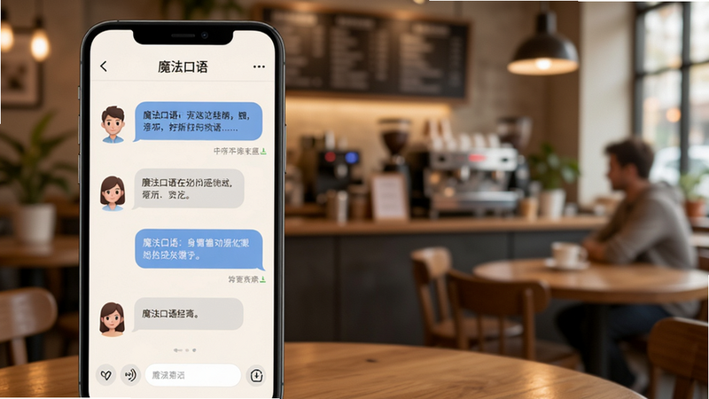 描绘“魔法口语”情景对话功能的场景图,主体为手机屏幕显示的虚拟人物对话气泡,背景为模糊的咖啡厅或办公室环境,布局左右分屏展示对话内容,排版流畅,风格温馨生活化,细节柔和,画质高清,干净无多余元素