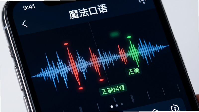 展示“魔法口语”语音纠音功能界面的特写图,主体为手机屏幕中央的声波波动图,红色标记错误发音点,绿色标记正确发音,布局聚焦于屏幕中心,排版紧凑,风格科技感强,细节清晰,画质高清,干净无多余元素