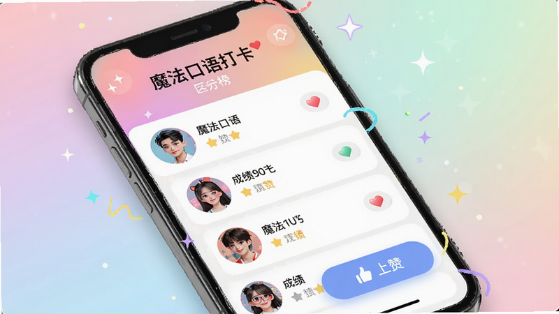 展示“魔法口语”社区打卡界面的预览图,主体为手机屏幕显示的排行榜和点赞按钮,背景为淡雅的渐变色彩,布局列表式排列用户头像与成绩,排版整齐,风格活力青春,细节精致,画质高清,干净无多余元素