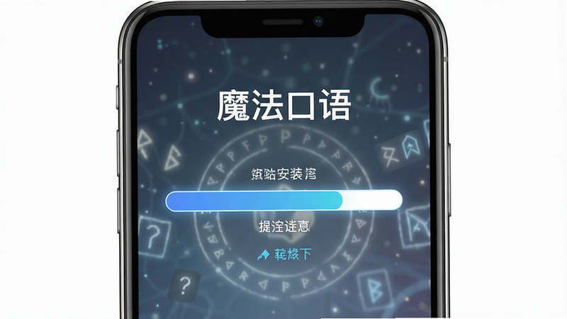展示“魔法口语”安装过程的高清示意图,主体为手机屏幕显示的安装进度条,背景为简洁的白色,布局居中,排版简洁,风格现代科技,细节清晰,画质高清,干净无多余元素