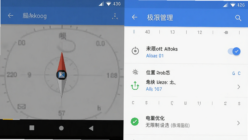 极准导航指南针手机设置界面示意图,显示权限管理页面,位置权限勾选为始终允许,电池优化设置为无限制,界面简洁清晰,安卓原生风格,高清UI细节,无水印