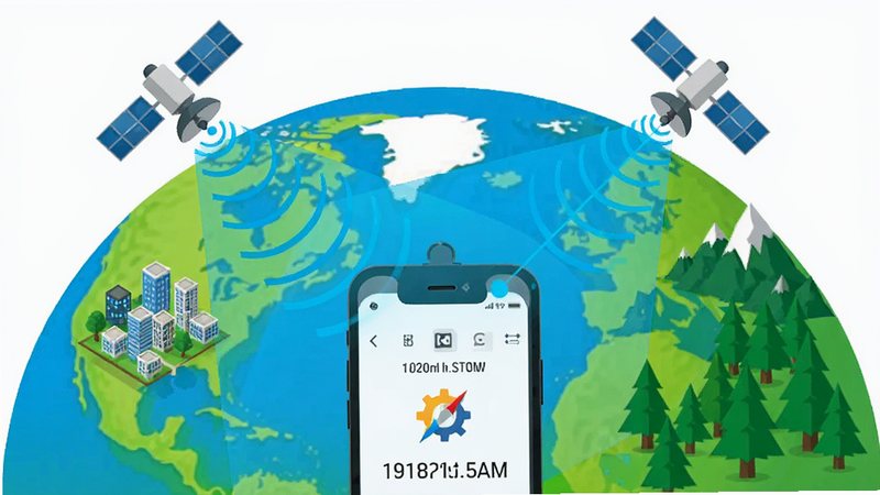 极准导航指南针定位原理示意图,地球背景上显示卫星信号波束覆盖城市与山林,蓝色线条连接手机与卫星,手机屏幕显示精准坐标,扁平化插画风格,色彩明亮,科技感强,无多余装饰,高清渲染