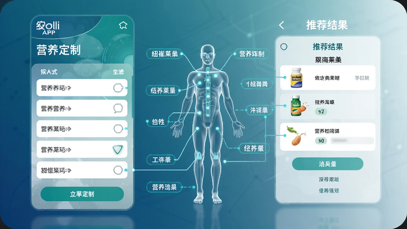 主体为安利APP内的“营养定制”功能页面,布局呈现交互式问卷与推荐结果,展示纽崔莱产品矩阵,排版逻辑清晰,风格为健康科技风,细节包含人体轮廓图与对应营养标签的连接线,画质细腻,干净无多余元素