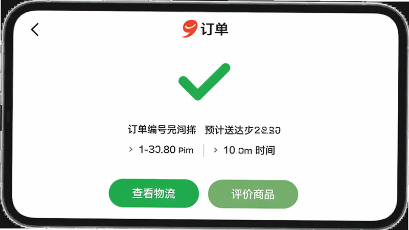 主体为安利APP的订单支付成功页面,布局中心显示绿色对勾图标,下方展示订单编号与预计送达时间,排版简洁明了,风格为现代简约UI,细节包含“查看物流”与“评价商品”按钮,画质高清,干净无多余元素