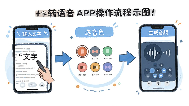 主体为文字转语音APP的操作流程示意图,布局为三步箭头引导,排版线性,风格为教程插画风,细节显示第一步输入文字,第二步选音色,第三步生成音频,画质清晰,干净,无多余元素