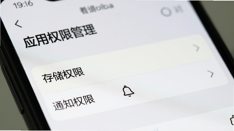 手机设置界面特写,显示“应用权限管理”页面,重点高亮“存储权限”和“通知权限”两项,背景模糊处理,突出前景设置选项,清晰易读,简约风格