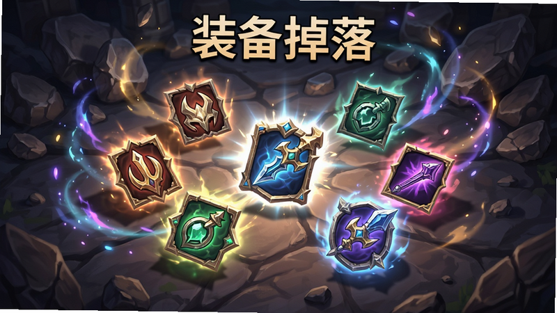 主体为游戏《地城狩猎》的装备掉落场景,地面散落着发光的不同颜色装备图标,周围是碎石与魔法特效。布局中心聚焦装备,排版动态感强,风格华丽,细节展示装备的光泽与阴影。画质8K,干净,无多余元素,文字“装备掉落”清晰可见。