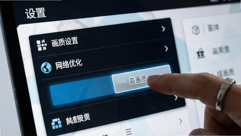 主体为游戏《地城狩猎》的设置界面特写,显示“画质设置”、“网络优化”等选项,手指正在点击“高画质”按钮。布局聚焦屏幕中心,排版清晰,风格现代简约,细节展示UI图标与文字。画质高清,干净,无多余元素,文字“设置”清晰可见。