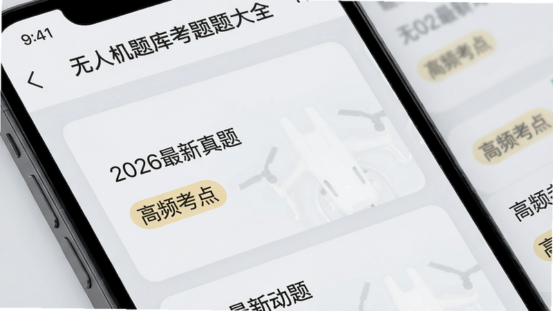 手机屏幕特写,显示“无人机题库考题大全”APP内的题库列表页面,文字清晰可见“2026最新真题”、“高频考点”标签,背景为浅灰色,布局为卡片式排列,风格扁平化,细节精致,画质高清,干净,无多余元素