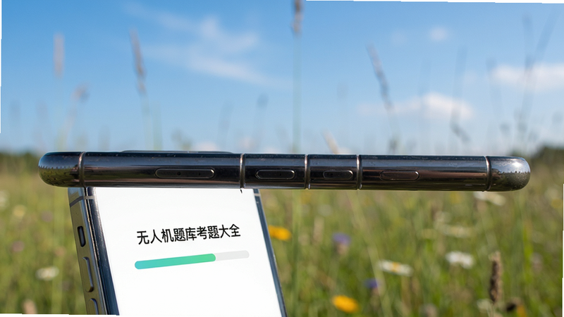 手机侧面视角,显示“无人机题库考题大全”APP正在加载进度条,背景虚化为野外草地和蓝天,暗示离线使用场景,风格写实,细节丰富,画质高清,干净,无多余元素