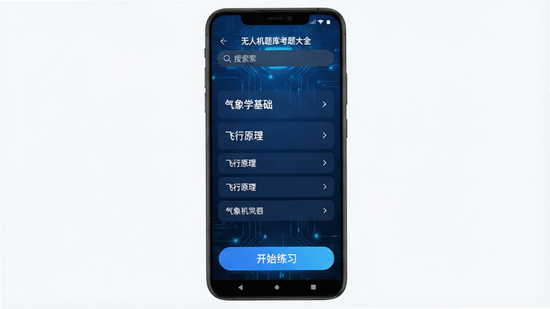 主体为安卓手机屏幕,屏幕中央显示“无人机题库考题大全”APP界面,背景为深蓝色科技风,布局整洁,顶部有搜索栏,中间列表展示“气象学基础”、“飞行原理”等章节,底部有“开始练习”大按钮,风格现代简洁,细节清晰,画质高清,干净,无多余元素