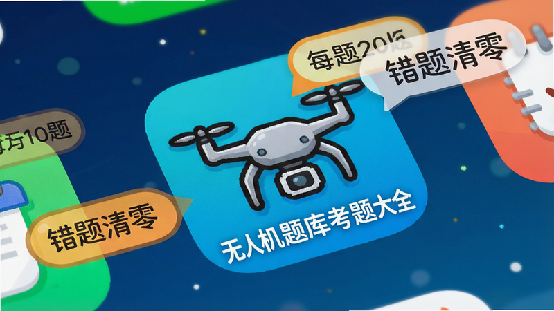 手机桌面图标特写,显示“无人机题库考题大全”图标,周围有模拟的“每日20题”、“错题清零”等气泡提示,风格卡通扁平,色彩明亮,细节生动,画质高清,干净,无多余元素