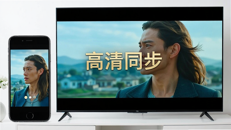 对比手机小屏与电视大屏显示同一部高清电影的画面,强调色彩鲜艳和细节清晰,画面中心有“高清同步”字样,风格明亮,画质极佳