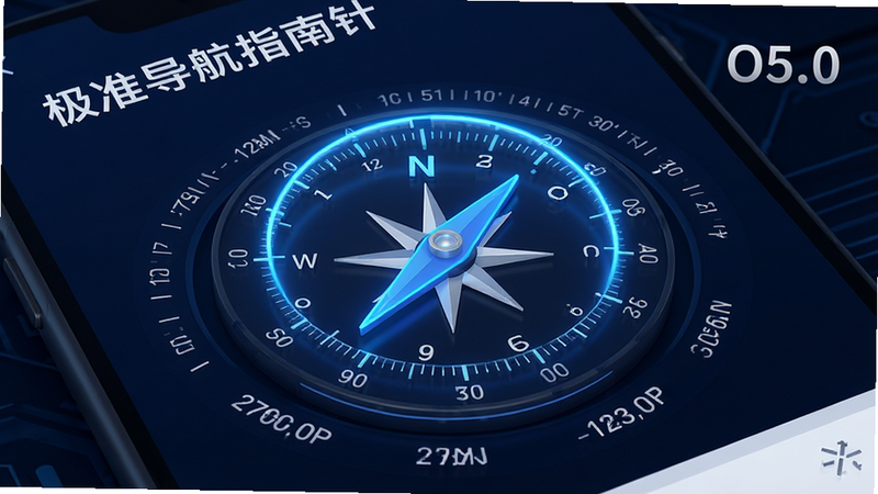 主体为极准导航指南针APP的主界面高清渲染图,布局采用深色科技感背景,中央显示一个发着蓝色霓虹光晕的3D数字指南针,指针精准指向北方N,周围环绕着详细的度数刻度与经纬度数据,排版简洁现代,风格为扁平化与微立体结合,细节处有细微的光泽反射,画质4k高清,干净无多余元素,文字标注