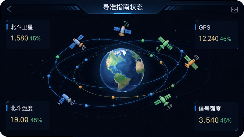 主体是极准导航指南针APP内的卫星定位状态页面,布局展示多颗卫星的轨道示意图,中央有一个地球模型,周围环绕着不同颜色的卫星图标表示信号强度,排版清晰直观,风格为科技数据可视化,细节处显示具体的卫星数量与信号强度百分比,画质高清,干净无背景杂乱,文字标注
