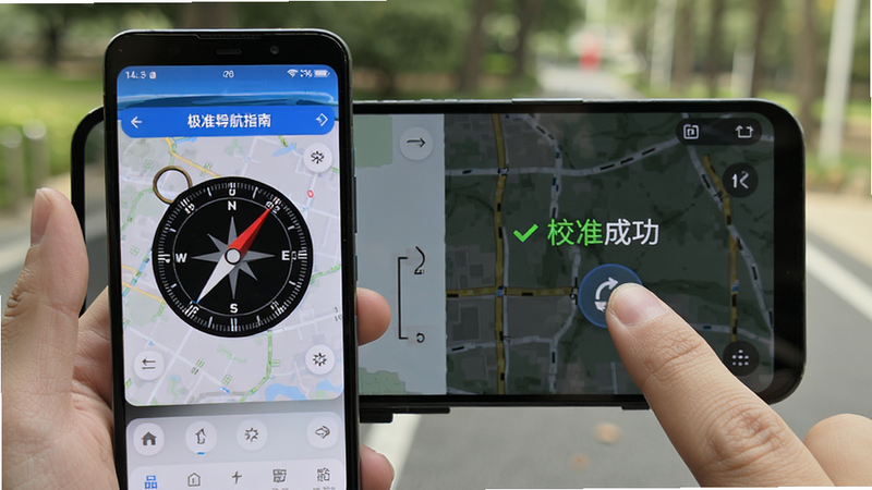 主体是极准导航指南针APP在安卓手机上的实际操作演示图,布局展示手机屏幕中指南针界面与外部环境的对比,排版注重场景感,风格为写实摄影,细节处显示手指点击校准按钮的动作,画质真实,干净无杂物,文字标注