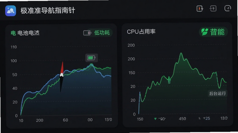 主体是极准导航指南针APP的后台运行状态监控界面,布局展示电池电量曲线与CPU占用率图表,排版紧凑有序,风格为数据仪表盘,细节处显示低电量图标与绿色节能标识,画质高清,干净无干扰,文字标注