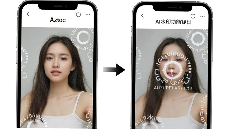AI水印相机智能排版功能示意图,左侧为原始无水印照片,右侧为添加智能水印后的照片,中间箭头指示,水印自动避让主体,位于画面边缘空白处,界面简洁,白色背景,高清细节,无水印文字干扰