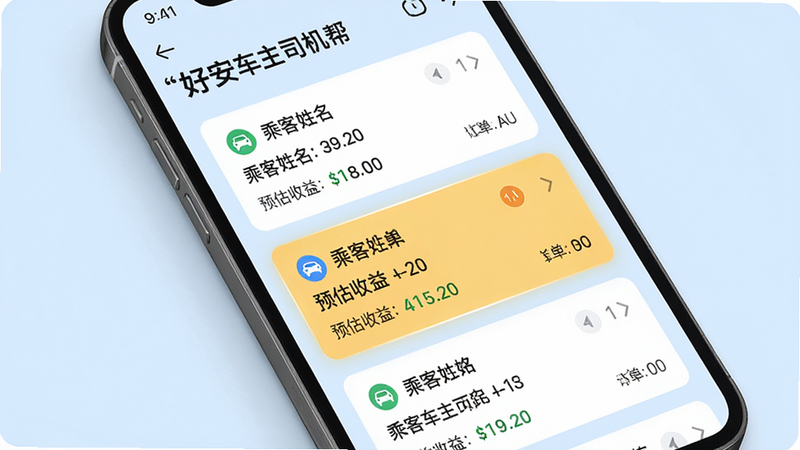 手机屏幕特写,显示“好安车主司机帮”的订单列表页面,多个订单卡片整齐排列,高亮显示最近的一个订单,包含乘客姓名、距离、预估收益等信息,背景为淡蓝色,排版有序,风格简约,细节清晰,画质高清,无干扰元素