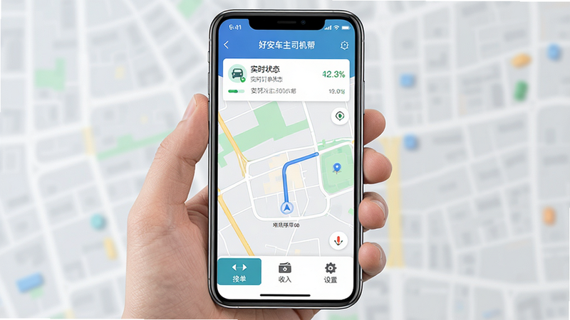 一张高清的手机应用界面展示图,主体为“好安车主司机帮”APP的主屏幕,布局清晰,顶部显示实时订单状态,中部为简洁的地图导航界面,底部有“接单”、“收入”、“设置”等图标按钮,排版整洁,风格为现代扁平化UI,细节丰富,画质4K,干净无多余元素,文字清晰可见