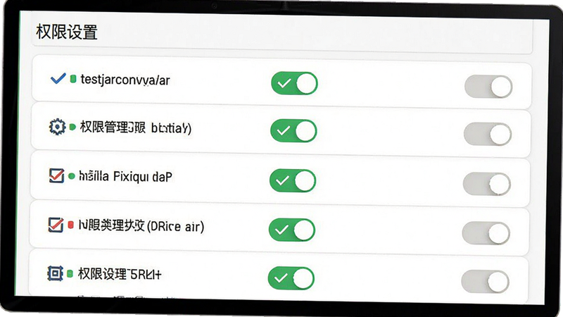 testjarconvaar 权限管理设置界面示意图,主体为开关按钮列表,布局为垂直滚动列表,排版清晰,风格简洁白色背景,细节显示不同权限项的勾选状态,画质高清,干净无干扰,文字包含“权限设置”