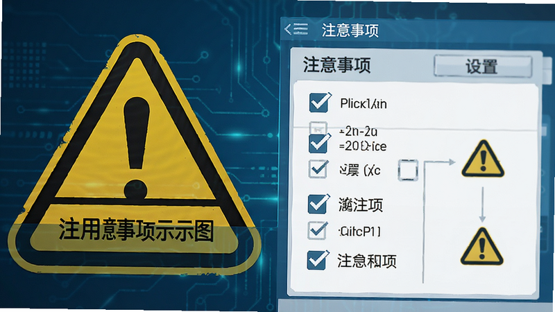 testjarconvaar 使用注意事项示意图,主体为警告标志与设置界面结合,布局为上下分层,排版清晰,风格警示黄与科技蓝对比,细节显示勾选框与警告图标,画质清晰,干净无杂乱,文字包含“注意事项”