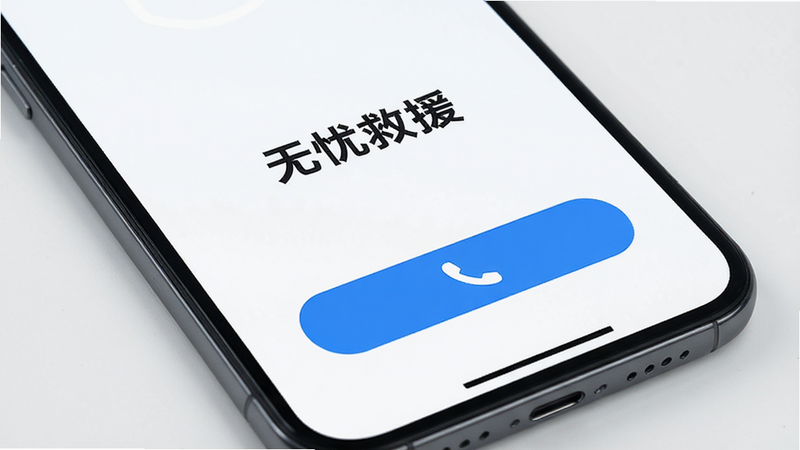 主体为手机屏幕特写,显示“无忧救援”App启动界面,布局简洁居中,排版采用扁平化设计,风格现代科技感,细节包含蓝色紧急呼叫按钮和白色背景,画质高清,干净,无多余元素,文字“无忧救援”清晰可见