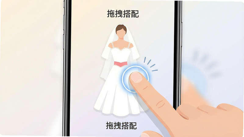 生成一张手机端操作界面示意图,主体为手指正在拖动婚纱进行搭配的动态效果,布局为全屏手机屏幕,排版简洁,风格为扁平化UI设计,细节显示手指触控光效,画质清晰,背景为浅色渐变,无多余干扰元素,文字提示