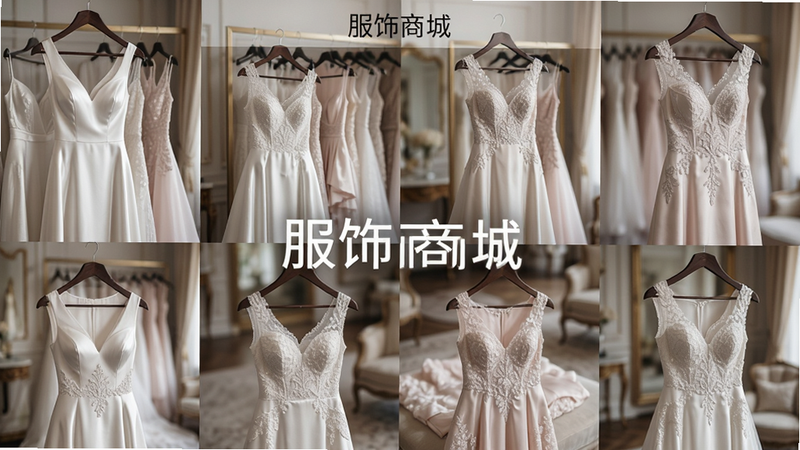 生成一张展示丰富婚纱服饰库的界面图,主体为多件悬挂或平铺展示的白色与淡粉色婚纱,布局采用网格状排列,排版清晰直观,风格为时尚杂志摄影风,细节展现丝绸的光泽与刺绣工艺,画质高清,背景虚化突出主体,无水印,文字标注