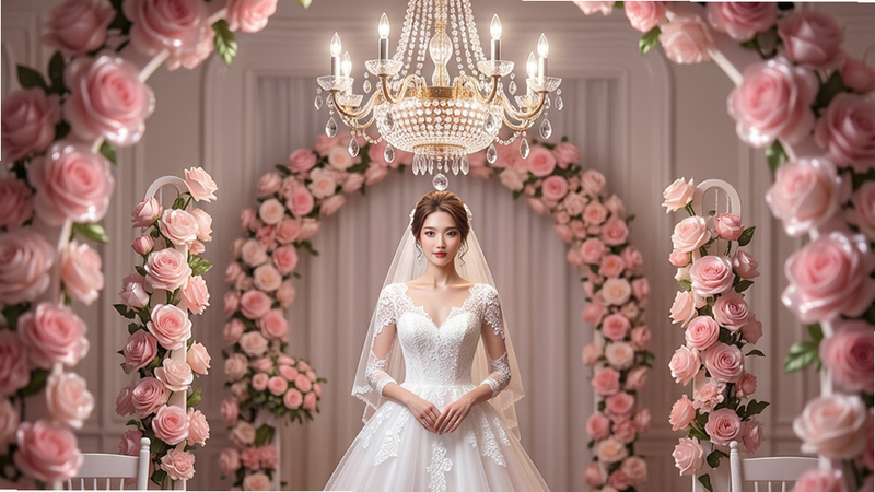 生成一张高清精美的婚礼设计界面截图,主体为身穿白色婚纱的新娘站在华丽的水晶吊灯下,背景是浪漫的粉色花拱门,布局采用中心对称构图,排版整洁有序,风格为梦幻写实主义,细节处可见精致的蕾丝纹理和花朵光泽,画质8k,画面干净无多余杂物,文字标签显示