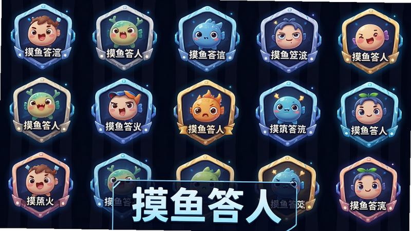 一张展示“摸鱼答人”成就徽章墙的设计图,主体为多个发光的徽章图标,布局呈网格状排列,风格科技感与卡通结合,细节显示徽章上的图案和文字,画质高,干净,无多余元素,文字“摸鱼答人”在底部