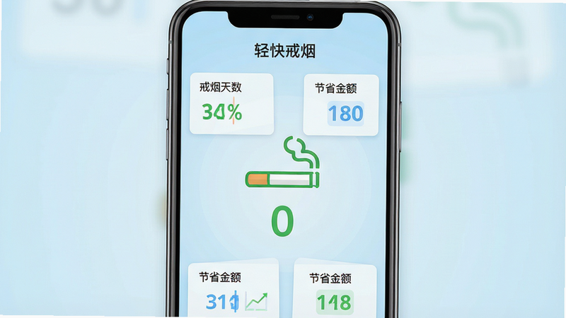一张现代简约风格的手机应用界面展示图,主体为“轻快戒烟”APP的主屏幕截图,背景为淡蓝色渐变色,屏幕中央显示一个绿色的香烟熄灭图标和数字“0”,周围环绕着简洁的统计图表,如戒烟天数、节省金额等,整体布局清晰整洁,字体清晰,高清矢量风格,无多余装饰元素