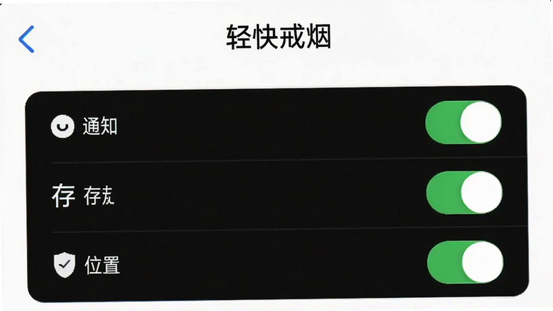 手机设置界面截图,展示“轻快戒烟”APP的权限管理页面,包括通知、存储、位置等权限开关状态,界面简洁明了,文字清晰,背景为白色,突出权限设置的重要性,高清细节,无多余干扰元素