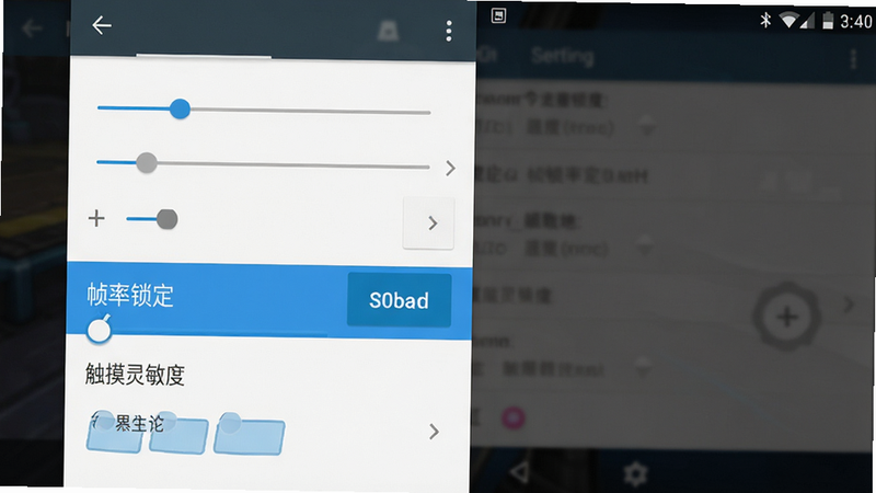 安卓手机界面截图风格,显示游戏设置菜单,高亮显示“帧率锁定”和“触摸灵敏度”选项,主体清晰,布局垂直排列,风格为扁平化UI,细节显示滑块和按钮,高清,干净界面,无水印