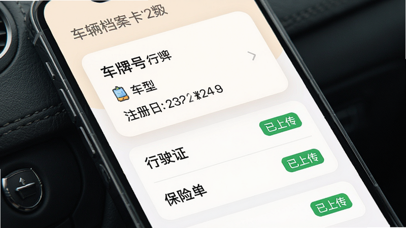 手机界面展示车辆档案卡片,包含车牌号、车型、注册日期,下方列表显示“行驶证”、“保险单”等证件状态,每个证件旁有“已上传”绿色标识,风格为卡片式设计,色彩柔和,细节清晰,画质高清。