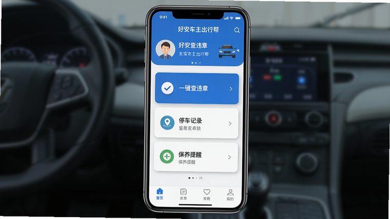 主体为手机屏幕显示“好安车主出行帮”APP首页,布局清晰,顶部显示用户头像与车辆信息,中间突出“一键查违章”、“停车记录”、“保养提醒”三个核心功能卡片,底部为导航栏。风格为现代扁平化设计,配色采用科技蓝与白色为主,细节处有轻微的阴影效果增加层次感,画质高清,干净无多余元素。