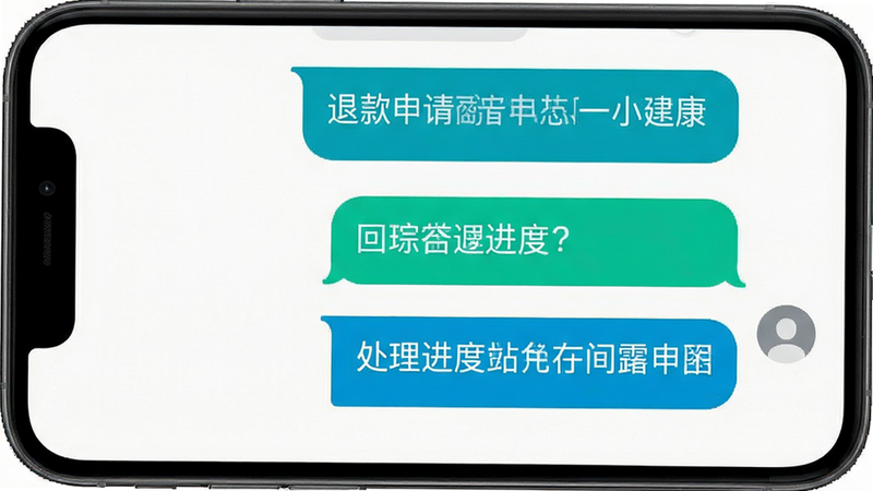手机界面展示客服聊天窗口,用户发送退款申请,客服回复处理进度,背景简洁,气泡样式清晰,风格为即时通讯UI,无杂乱元素,画质清晰。