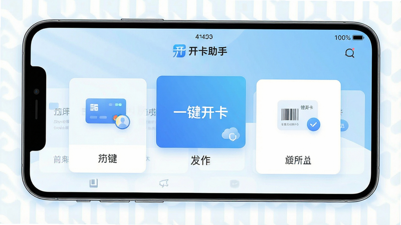一张高清手机应用界面截图,主体为开卡助手APP首页,布局整洁,顶部显示“开卡助手”Logo,中间是大面积的操作入口卡片,背景为浅蓝色渐变,风格现代简约,细节清晰,画质8k,无多余元素,文字清晰可见“一键开卡”