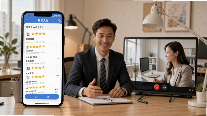 展示房大咖APP用户评价页面,手机屏幕显示五星好评列表,背景为办公室场景,顾问正在与客户视频会议,画面温馨专业,高清写实风格,无水印