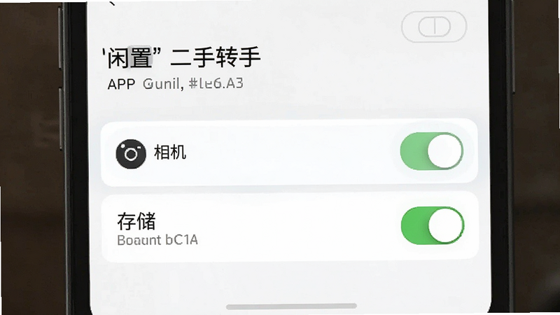 手机设置界面示意图,显示'闲置二手转手'APP的权限设置页面,高亮显示相机和存储权限开关为开启状态,风格简洁,UI元素清晰,高清截图效果,无水印