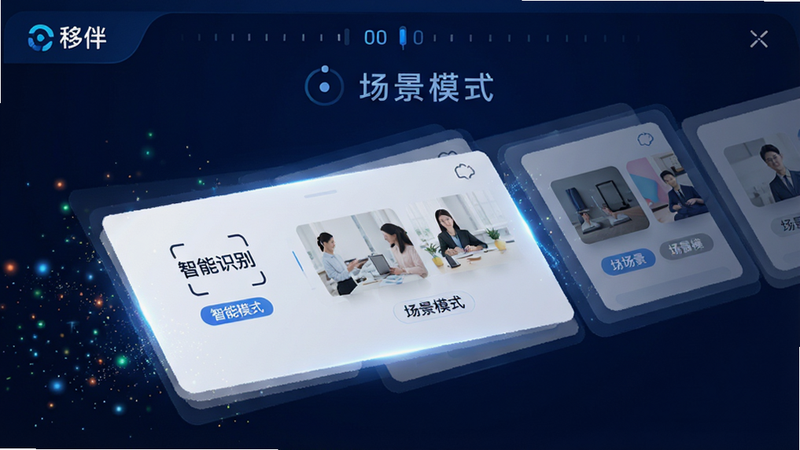 科技感十足的界面演示图,主体为“移伴”APP的场景切换特效,布局呈现动态卡片流动效果,排版具有层次感,风格为深蓝色科技风,细节包含光线粒子效果、时间轴指示器和场景标签,画质锐利,背景深邃无杂乱元素,文字内容包含“智能识别”、“场景模式”