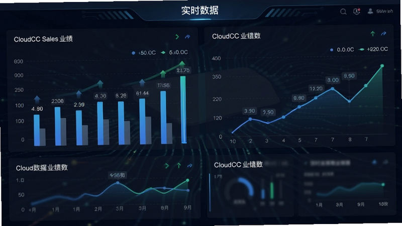主体为数据仪表盘界面,包含柱状图与折线图展示CloudCC Sales业绩数据,布局网格化排列,风格深色模式科技感,细节包含数值标签、趋势箭头,文字显示
