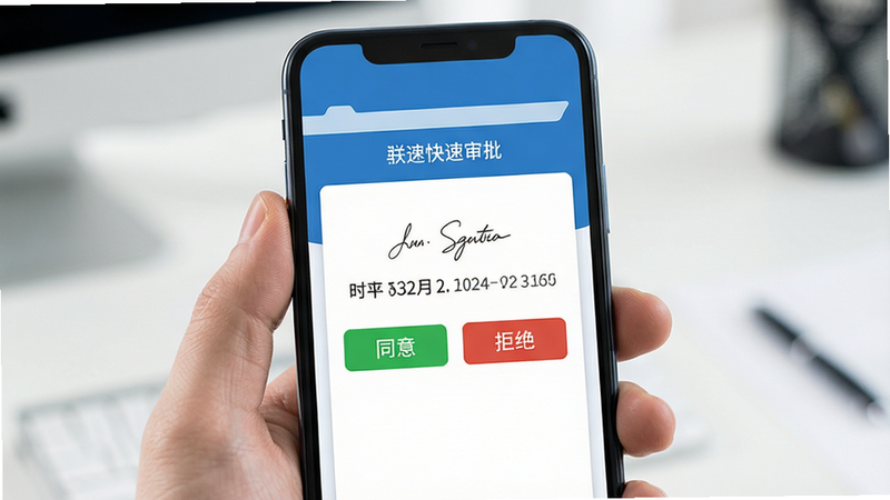 主体为手机屏幕显示审批界面,包含同意与拒绝按钮,布局居中突出操作区,风格商务蓝白配色,细节包含电子签名区、时间戳,文字标注