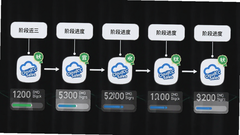 主体为商机阶段流程图,展示五个阶段节点连接CloudCC Sales应用图标,布局横向排列,风格扁平化设计,细节包含进度条、状态徽章,文字显示