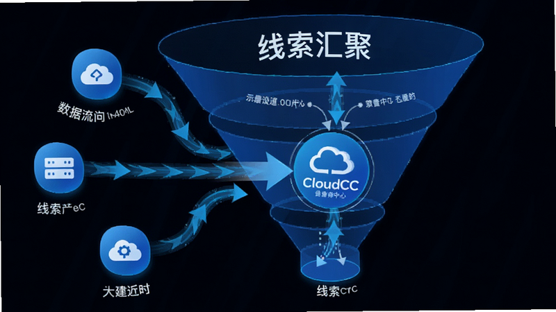 主体为数据流向示意图,展示多个渠道图标汇入CloudCC Sales中心节点,布局为漏斗状结构,风格科技感蓝色调,细节包含箭头流动效果、数据标签,文字标注