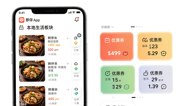 主体为移伴App的本地生活板块界面,展示附近餐厅列表和优惠券卡片,布局整齐,图标清晰,色彩鲜明突出优惠信息,风格亲切友好,细节丰富,画质清晰,干净背景,无多余干扰元素