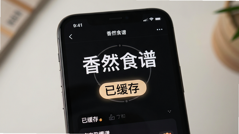 手机屏幕显示“香然食谱”的离线模式界面,背景为深色护眼模式,文字高亮显示,突出“已缓存”标识,体现科技与实用结合的风格,构图居中,光影自然,高清细腻,无干扰元素