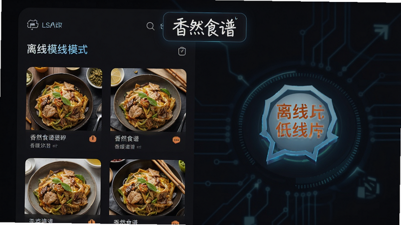“香然食谱”APP的离线模式界面,显示已缓存的菜谱列表,背景为深色,突出离线标识,体现科技感与实用性,布局清晰,色彩对比鲜明,高质量,无水印