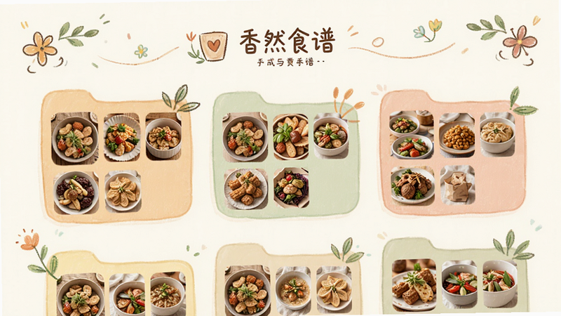 “香然食谱”APP的收藏夹页面,展示多个分类文件夹,每个文件夹内显示缩略图,界面设计温馨,带有手绘风格的装饰元素,体现个性化定制感,布局清晰,色彩柔和,高质量渲染,无多余装饰